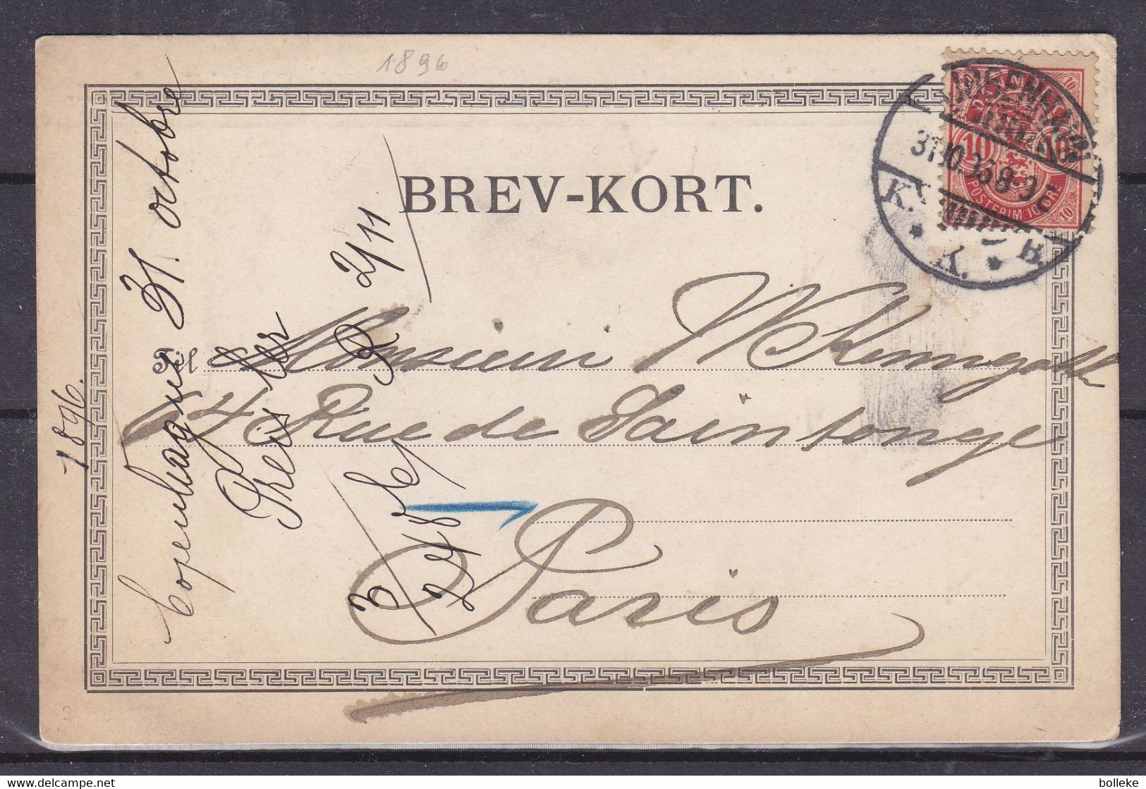 Danemark - Carte Postale De 1896 - Oblit Kjobenhavn - Exp Vers Paris - - Covers & Documents