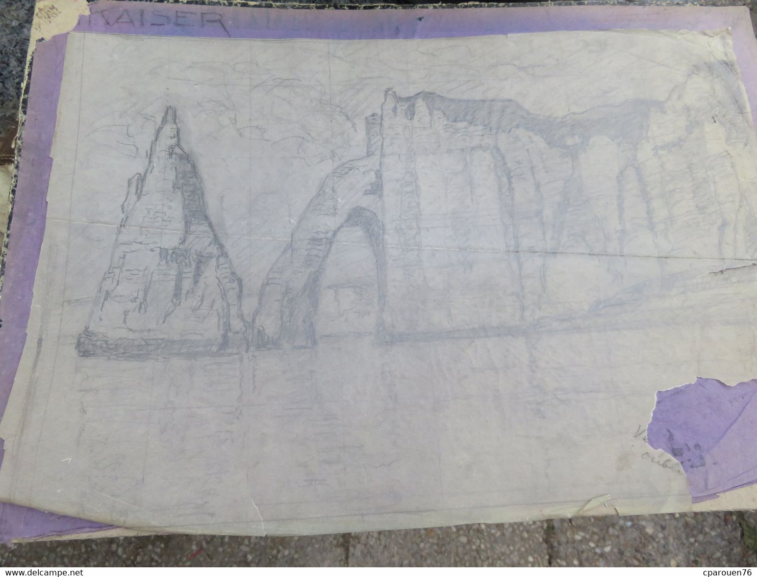 Dessin Ancien Etretat Les Falaises L'Aiguille Creuse Provient Du Fonds Ancien F Kaiser Artiste De Le Havre 76 - Dessins