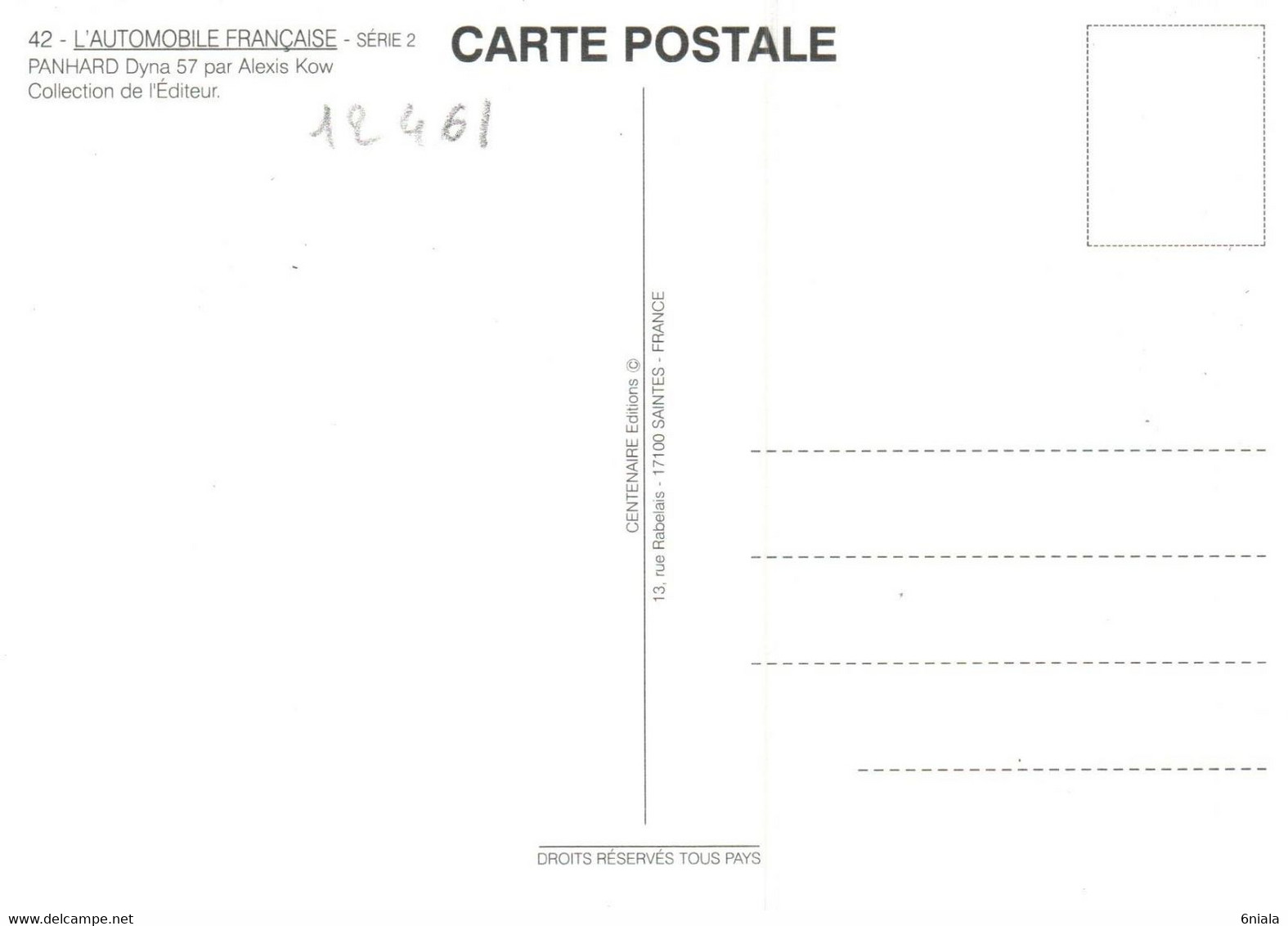 12461 PANHARD  DYNA PL 57   VOITURE Automobile Française N° 42  éditions Centenaire .  (Recto-verso) - Turismo