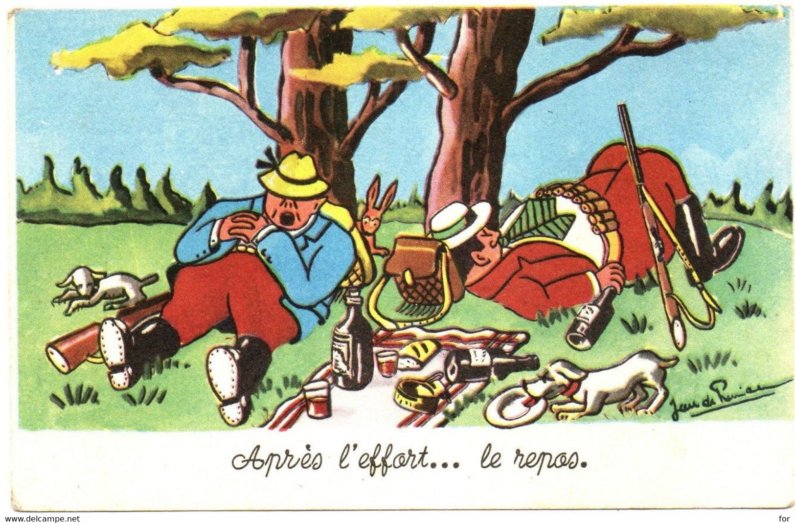 Illustrateur : J. De Preissac : Humour : Chasse : Après L'effort.... Le Repos : Chasseurs, Chien Et Lièvre - Preissac