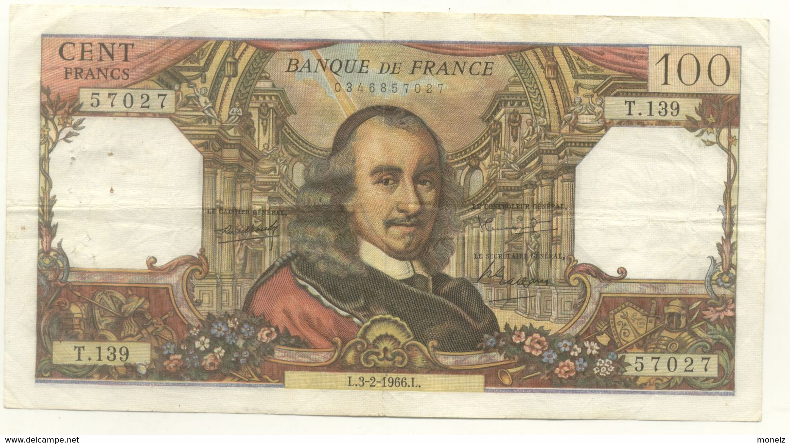 100 FRANCS CORNEILLE 03/02/66  1966  T139 - 100 F 1964-1979 ''Corneille''