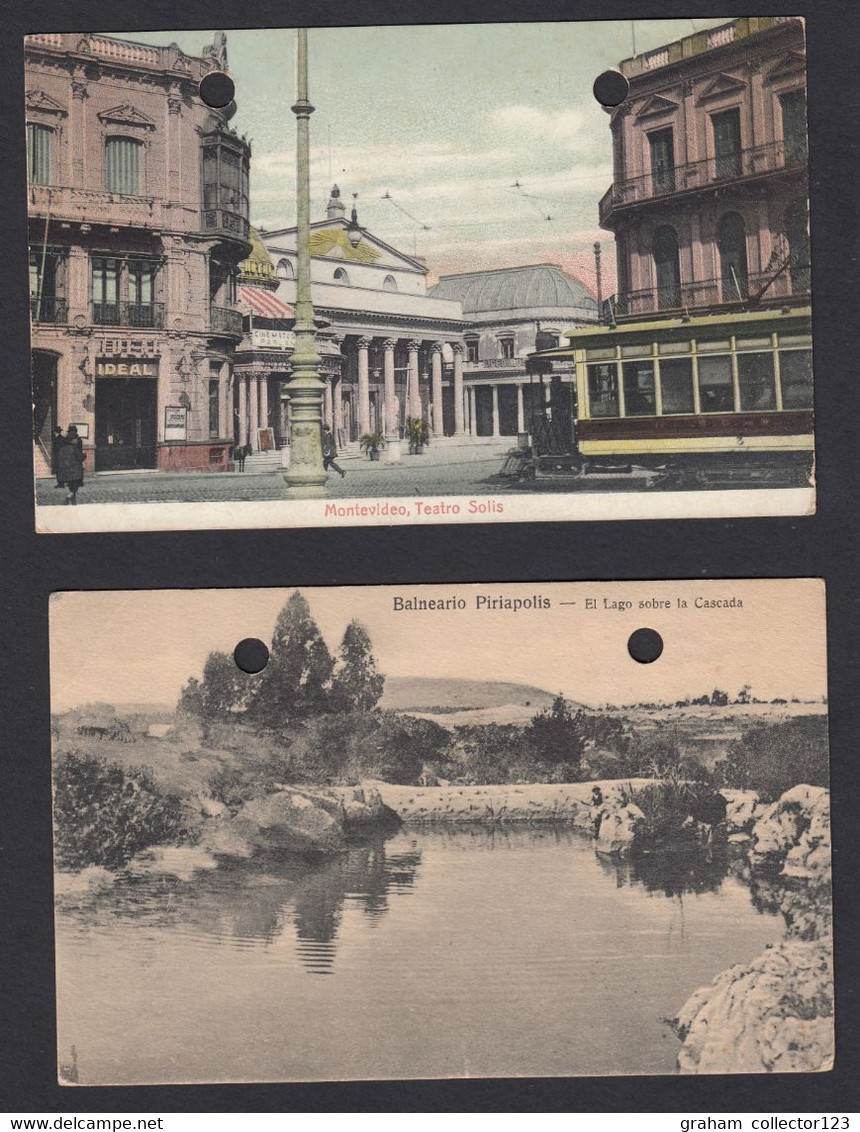 TWO Postcards Posted From Uruguay To England TWO HOLES PUNCHED IN EACH Montevideo Teatro Solis Balneario Piriapolis - Uruguay