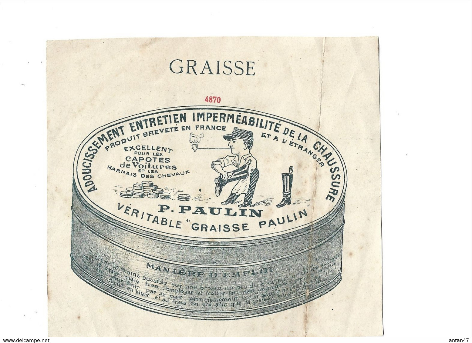 Pub Illustrée Graisse PAULIN (12.5 X 11.5cm) / Entretien Chaussures, Capotes Voitures, Harnais Chevaux - Droguerie & Parfumerie