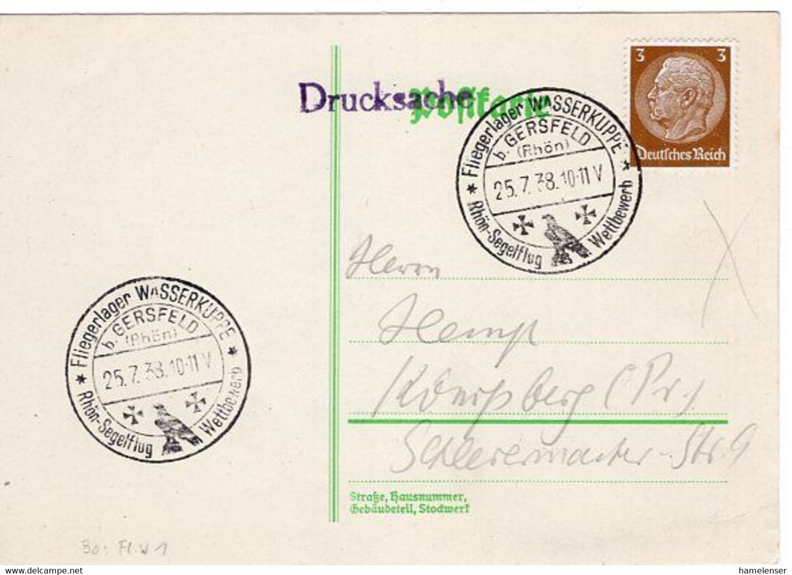 54269 - Deutsches Reich - 1938 - 3Pfg Hindenburg EF A DrucksKte SoSpl WASSERKUPPE - RHOEN-SEGELFLUG WETTBEWERB - Andere & Zonder Classificatie