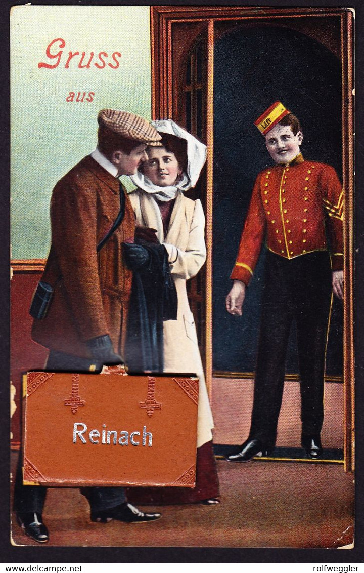 1913 Gelaufene AK: Gruss Aus Reinach Mit Bildchen Im Aufklappbaren Köfferchen. Rückseitig Mit 3 Portomarken. - Reinach