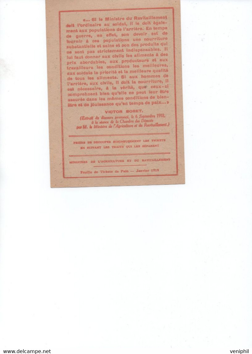 FEUILLE DE TICKETS DE PAIN - 1919 - - Documents