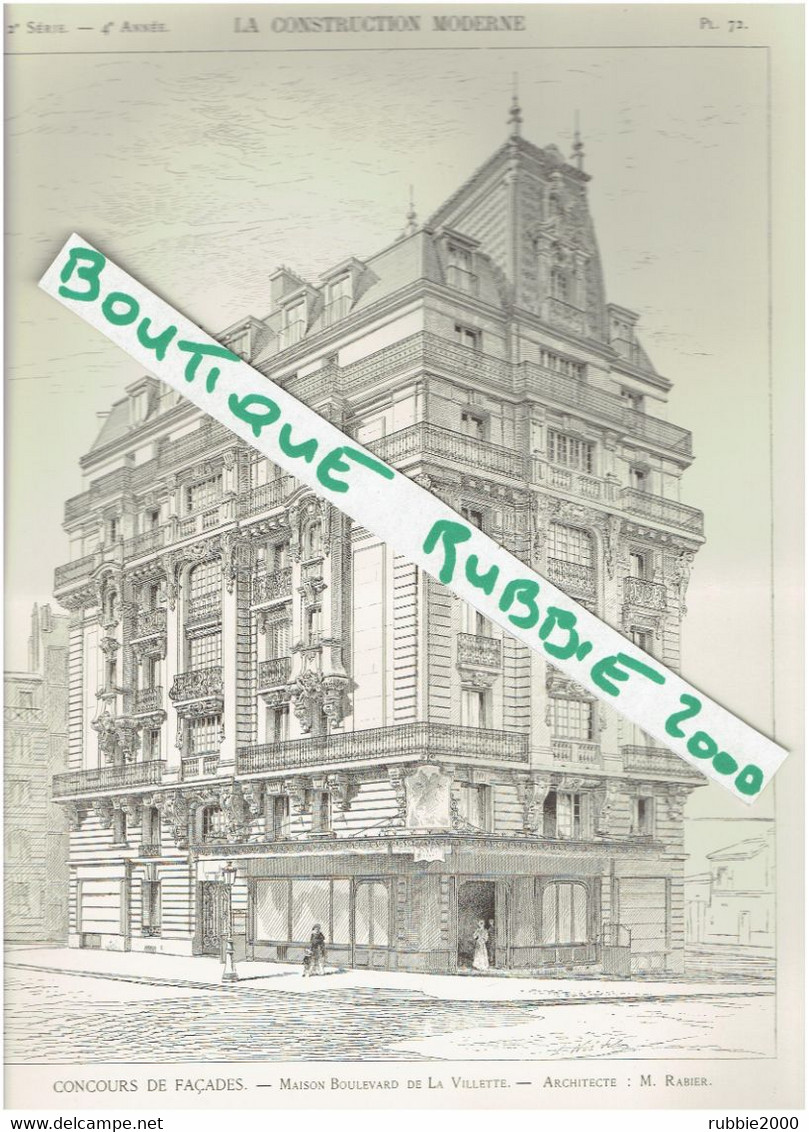 DESSIN 1898 PARIS 10° IMMEUBLE 87 BOULEVARD DE LA VILLETTE ARCHITECTE MICHEL RABIER - Parijs