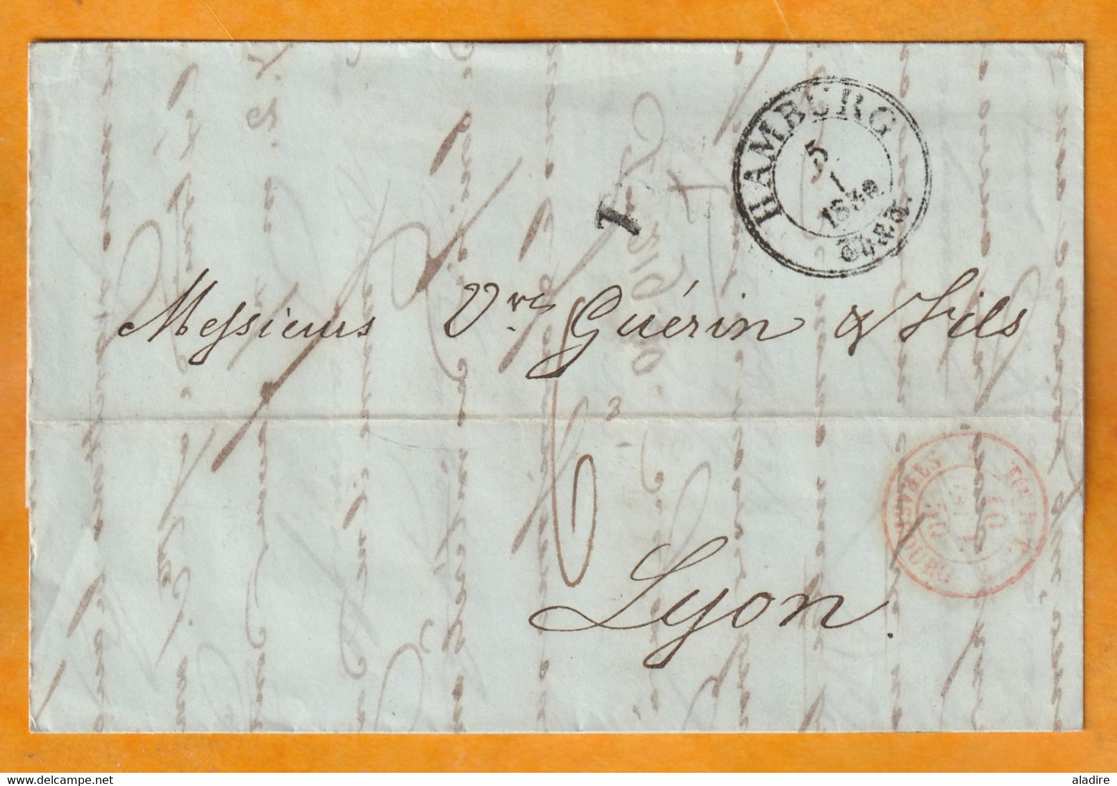 1850 - Lettre + Imprimé Pliés De HAMBURG Vers LYON, France - Entrée Par STRASBOURG - Taxe 6 - Cad Arrivée - Hamburg