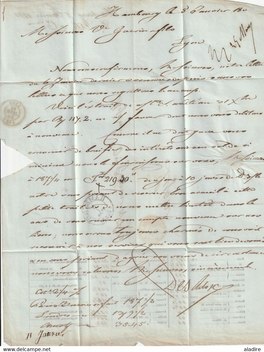 1850 - Lettre + imprimé pliés de HAMBURG vers LYON, France - entrée par STRASBOURG - taxe 6 - Cad arrivée