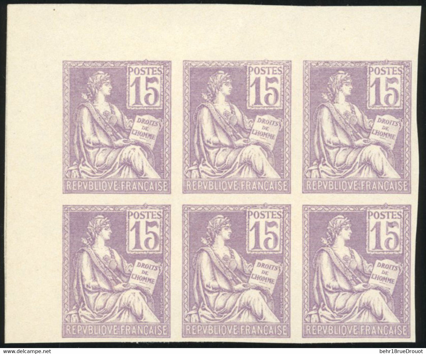 (*) 117 -- Essai Du 15c. Mouchon Violet. Bloc De 6. ND. Coin De Feuille. SUP. - Autres & Non Classés