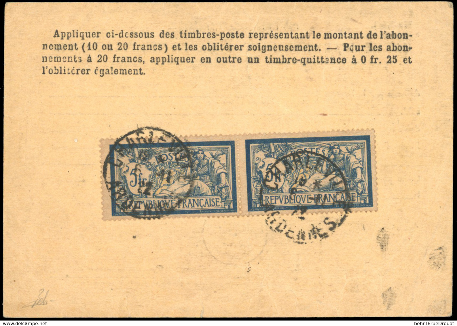 O 123 -- Paire Du 5F. Bleu Merson, Obl. S/carte D'abonnement à La Poste Restante, Frappée Du CàD De CHARLEVILLE - ARDENN - Autres & Non Classés