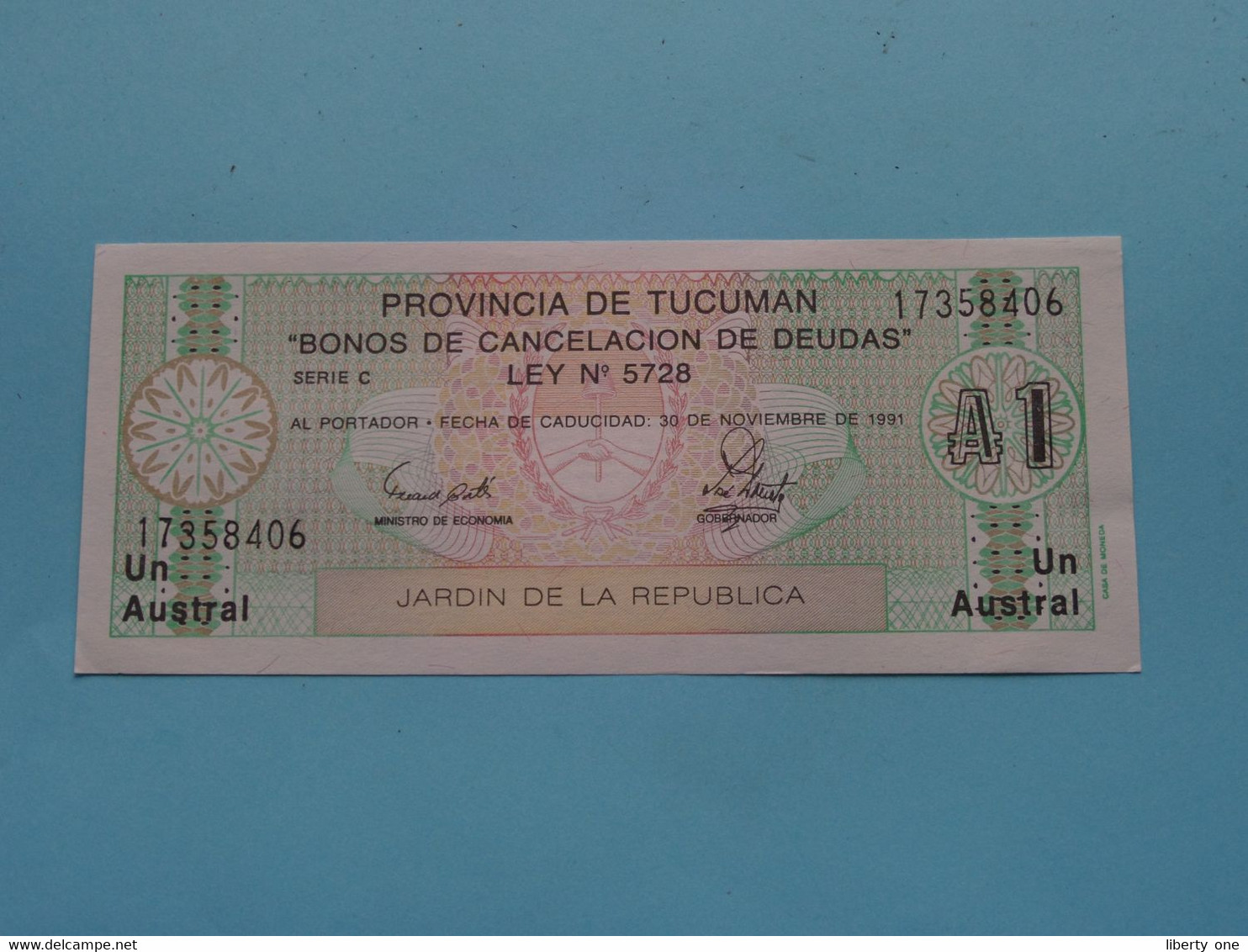 UN (1) AUSTRAL Provincia De TUCUMAN " Bonos De Cancelacion De Deudas " Serie C LEY 5728 ( See SCANS ) UNC ! - Argentinië