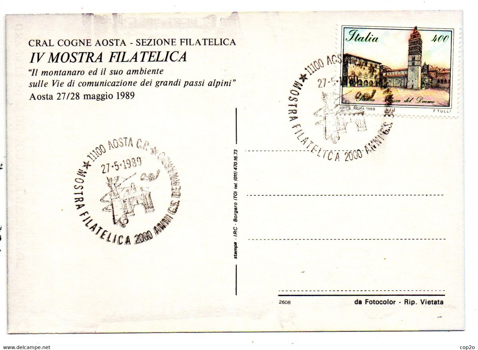 27-5-1989 Mostra Filatelica Bimillenario Valico Gran San Bernardo- Aosta - 1981-90: Storia Postale