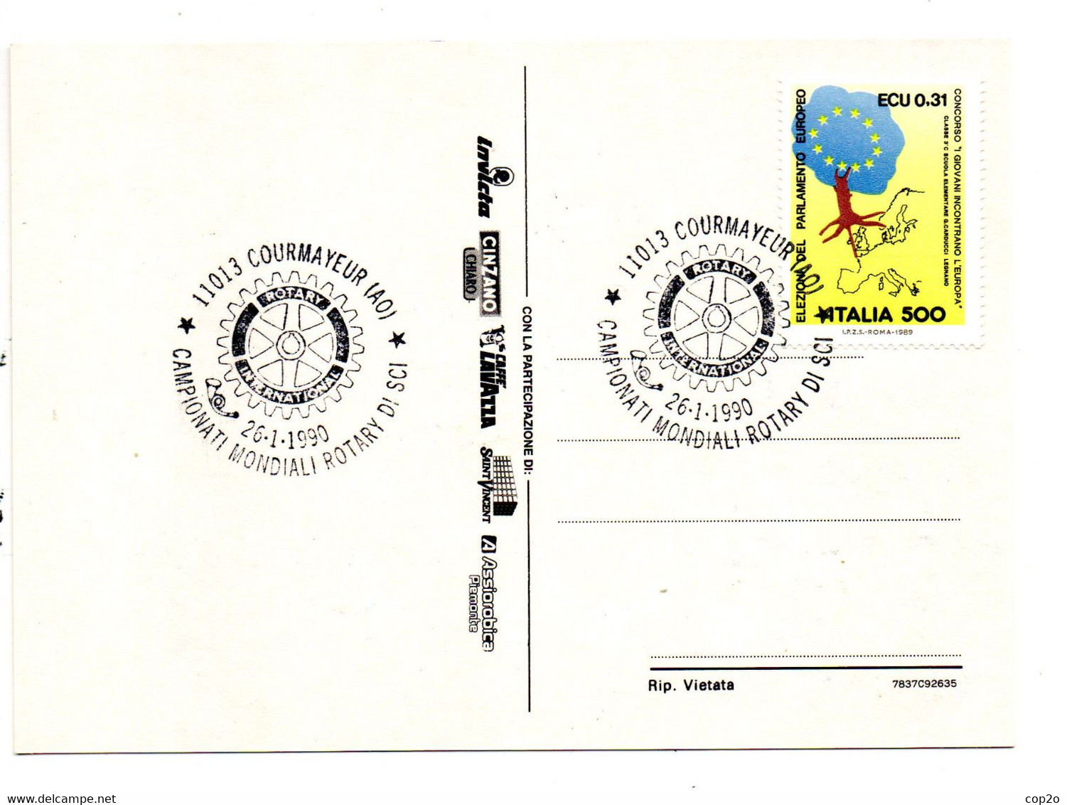 Campionati Mondiali  Rotary Di Sci-26-1-1990 Courmayeur (AO) - 1981-90: Storia Postale