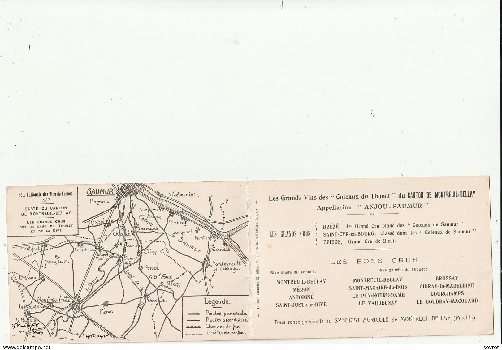 MONTREUIL -BELLAY. - Fête Nationale Des Vins De France 1937. Carte Double Publicitaire RARE - Montreuil Bellay