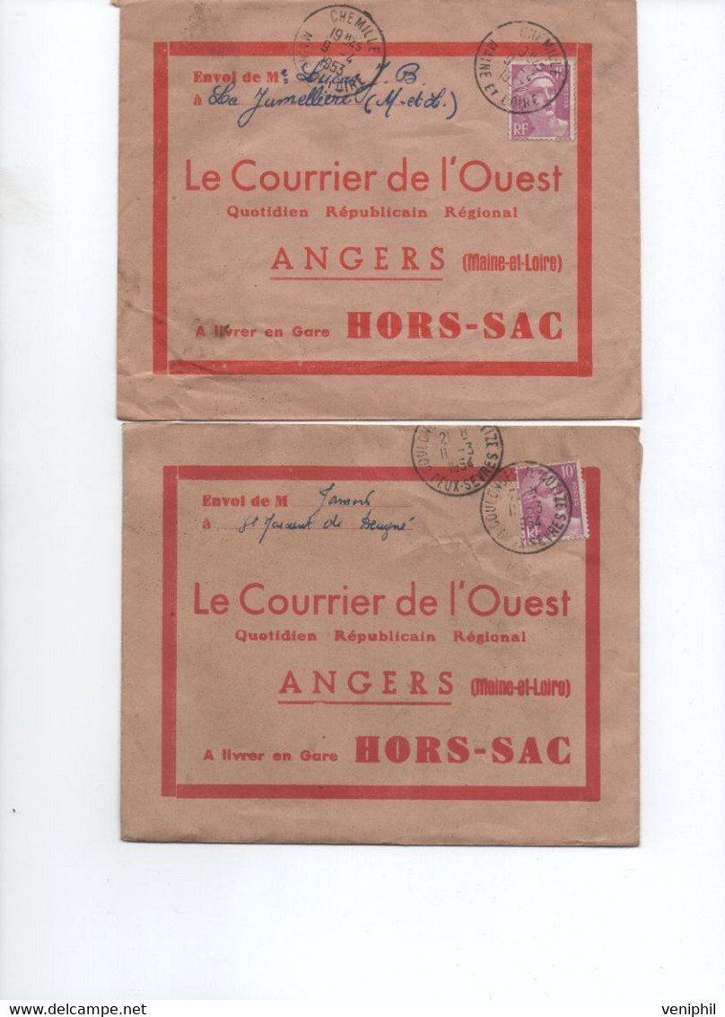 LOT DE 4 LETTRES HORS - SAC - LE COURRIER DE L"OUEST - ANGERS MAINE ET LOIRE AFFRANCHIES TYPE GANDON - ANNEEE 1953 -54 - 1921-1960: Moderne