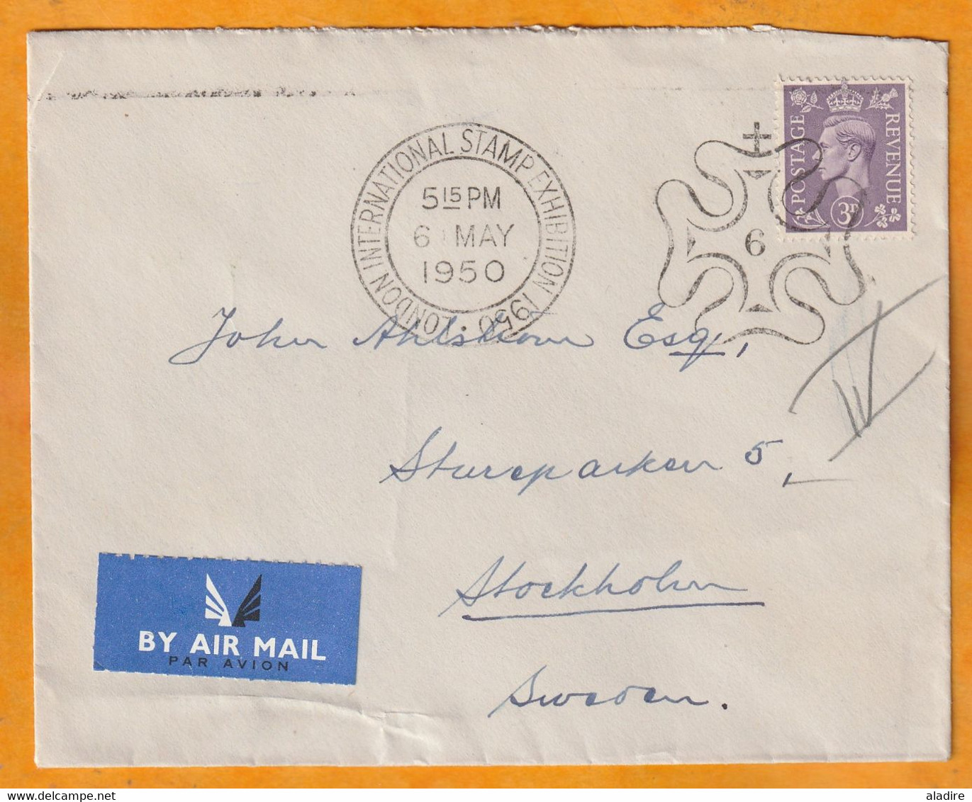 1950 -  KGVI - Special Cancel London International Stamp Exhibition On Air Mail Cover To Stockholm, Sweden - Brieven En Documenten