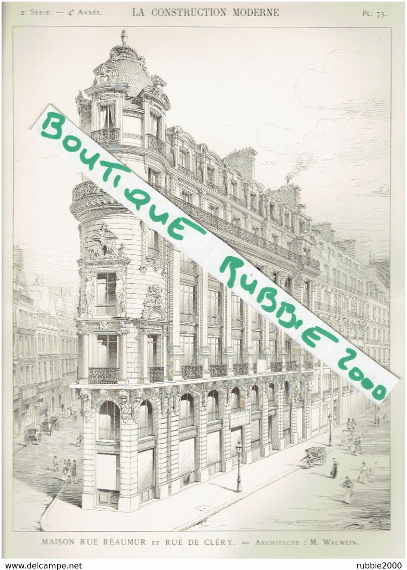 3 PLANS DESSINS 1898 PARIS 2° IMMEUBLE 101 RUE REAUMUR ET RUE DE CLERY ARCHITECTE ALBERT WALWEIN - Parigi