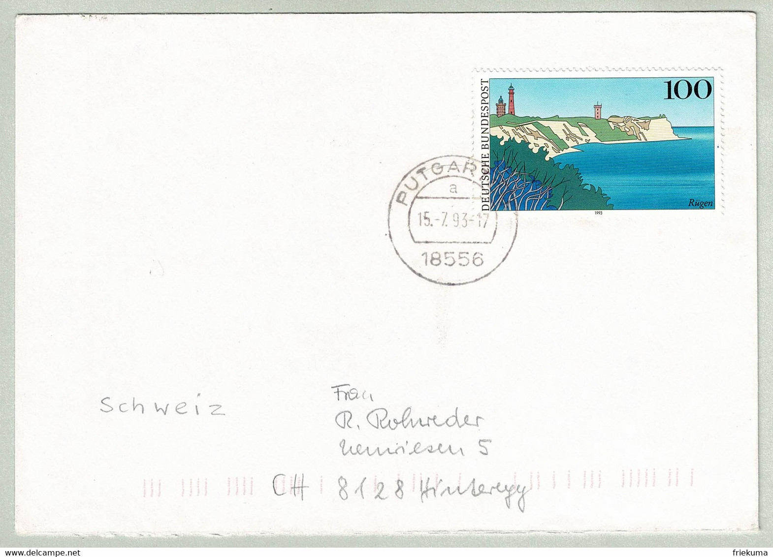 Deutschland 1993, Brief Putgarten - Hinteregg (Schweiz), Rügen, Kreide-Kliffküste - Iles