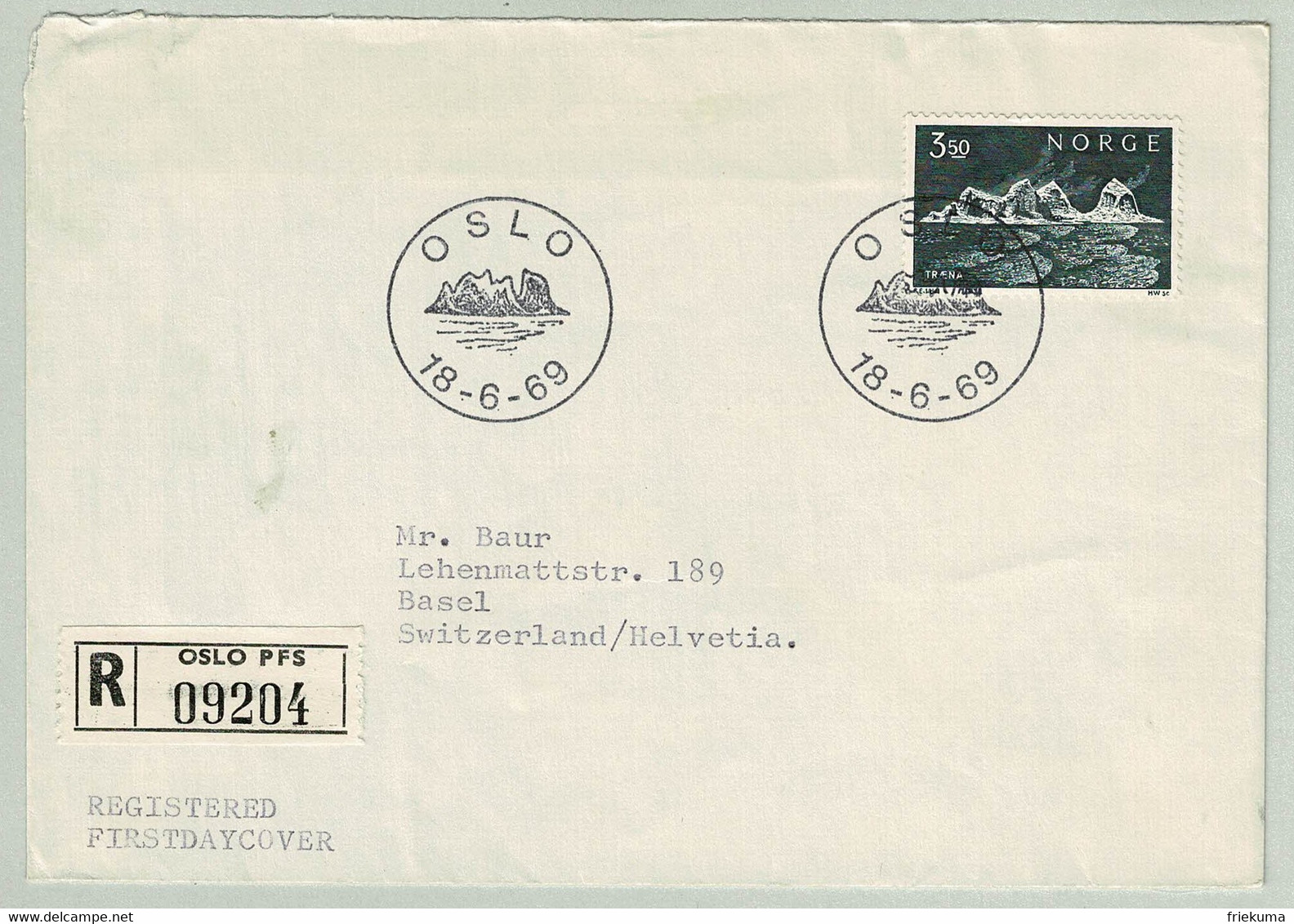 Norwegen / Norge 1969, Brief Ersttag Einschreiben Oslo - Basel (Schweiz, Insel Traena - Islands
