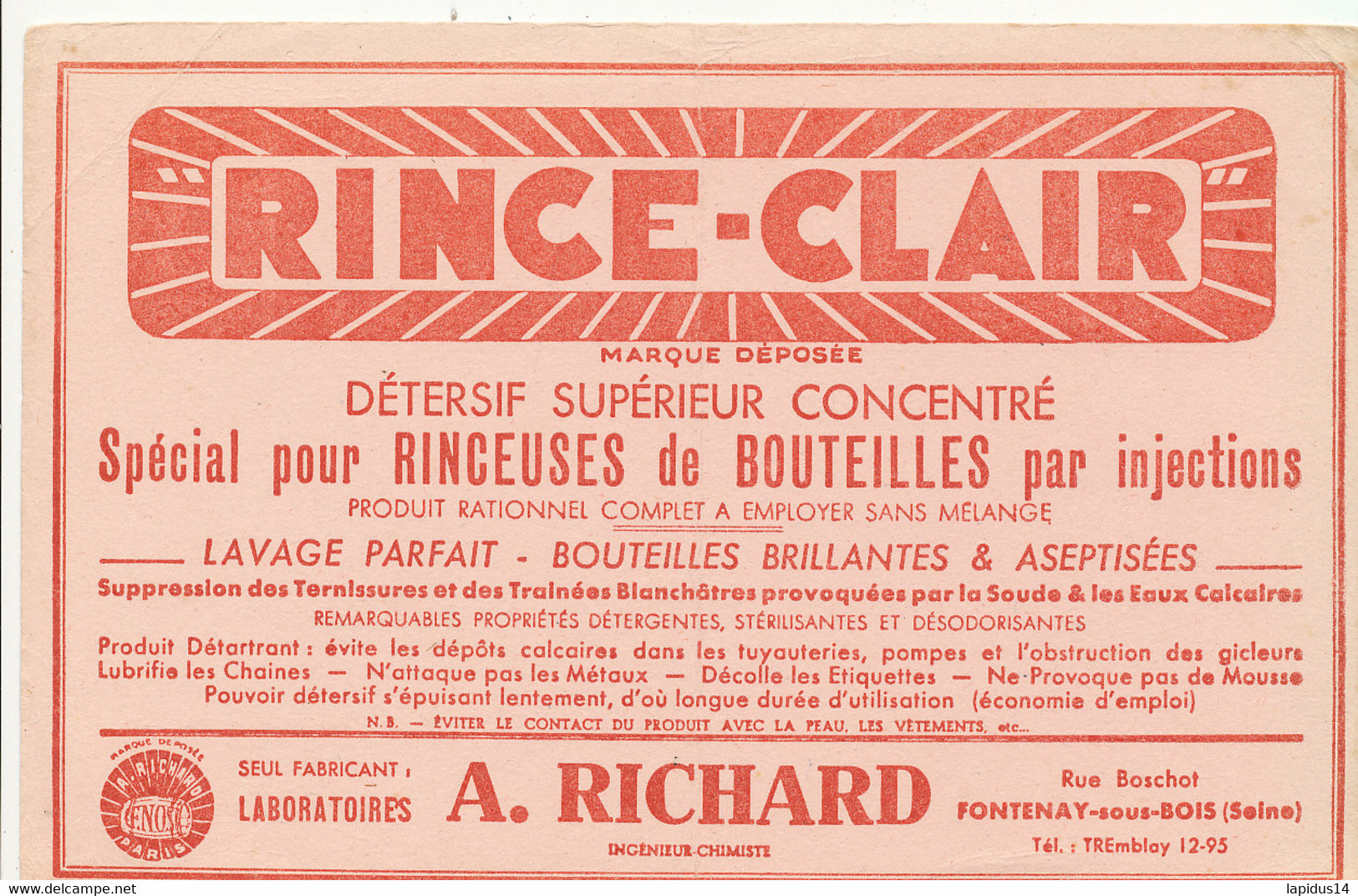 BU 2602 /   BUVARD   RINCE-CLAIR  RINCEUSES DE BOUTEILLES A RICHARD FONTENAY-SOUS-BOIS      ( 21,00 Cm X 13,50 Cm) - Agriculture