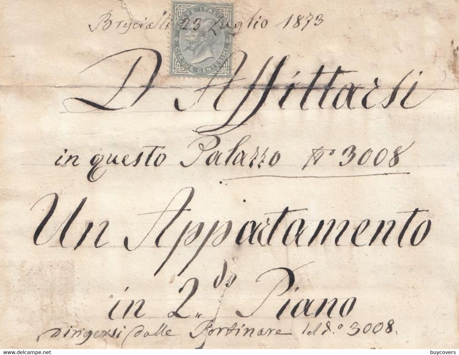 R17 - REGNO - USI FISCALI - Annuncio "AFFITTASI" Del 23 Luglio 1873 A Brescia Regolarizzato Con Cent. 5 Grigio Verde DLR - Fiscale Zegels