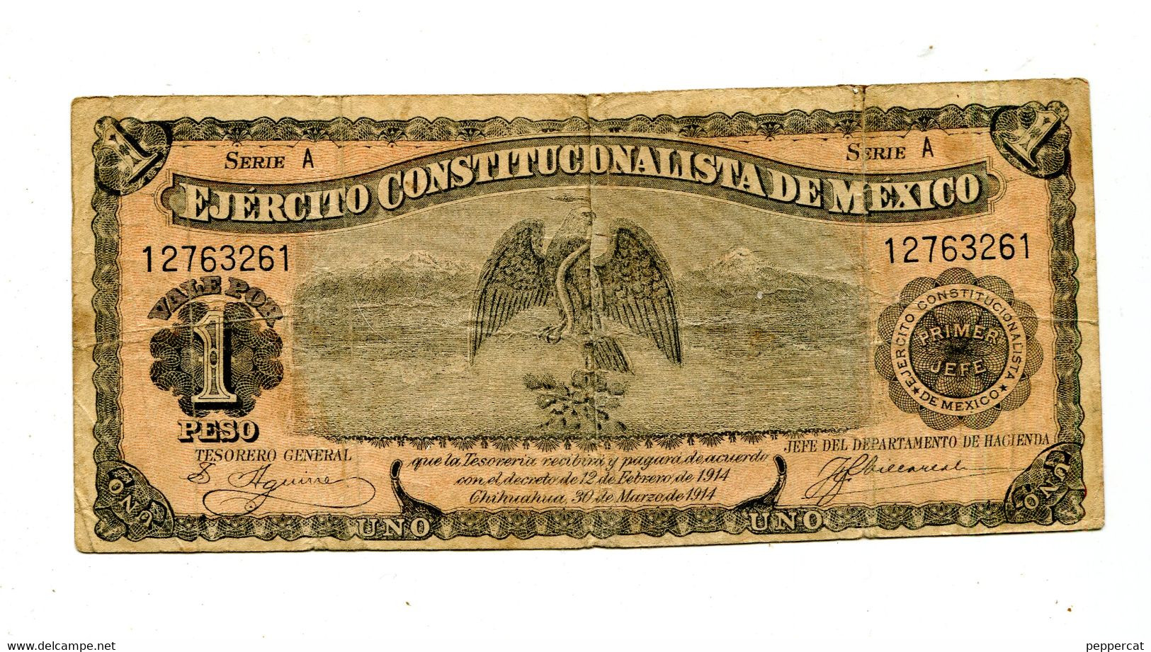 MEXICO 1 PESO 1914 EJERCITO CONSTITUCIONALISTA DE MEXICO FINE - Mexico