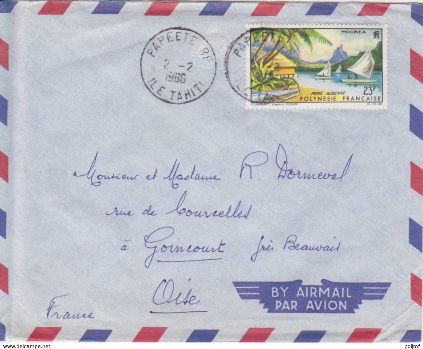 Lettre Par Avion Obl. Papeete RP Ile De Tahiti Le 2/2/66 Sur 23f PA 9 (paysage De Moorea) Pour Goincourt - Briefe U. Dokumente