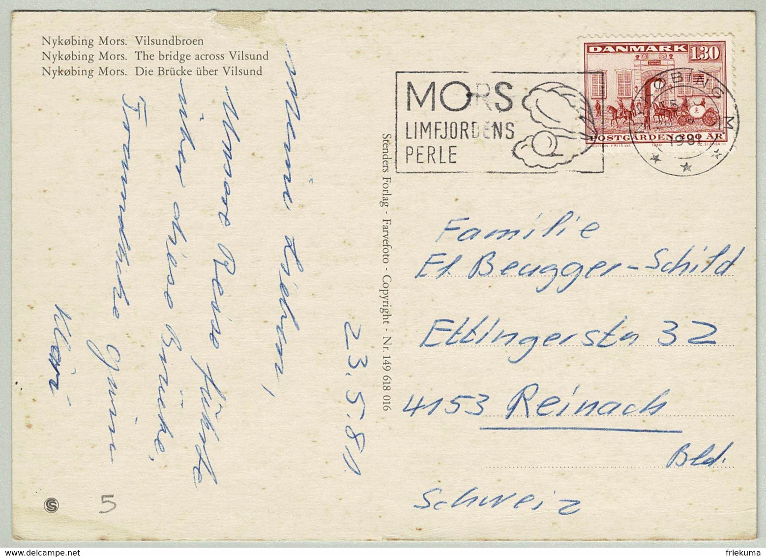 Dänemark / Danmark 1981, Postkarte Nykobing Mors - Reinach (Schweiz), Insel / Ile / Island, Perle / Pearl - Iles