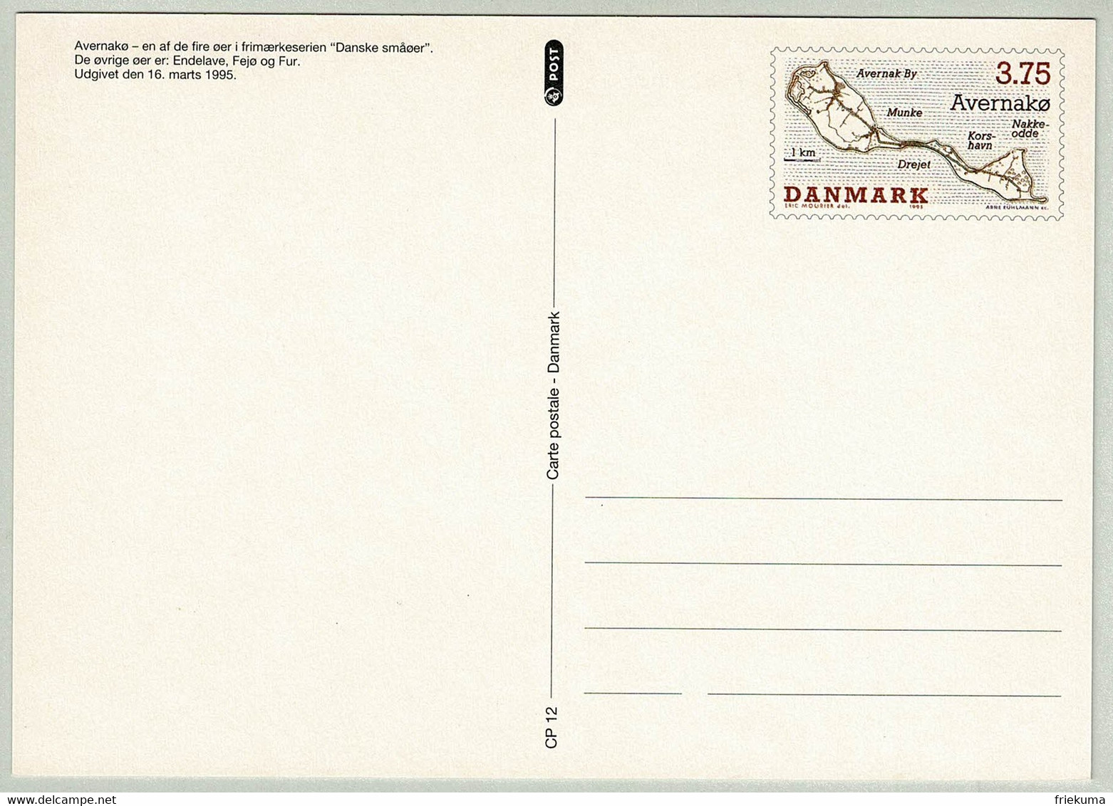 Dänemark / Danmark 1995, Ganzsachenkarte Avernako, Insel / Ile / Island - Eilanden