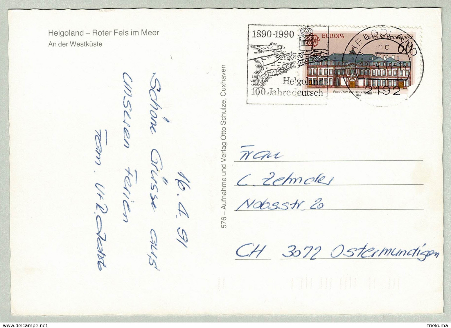 Deutsche Bundespost 1991, Postkarte Helgoland - Ostermundigen (Schweiz), Insel / Ile / Island - Eilanden