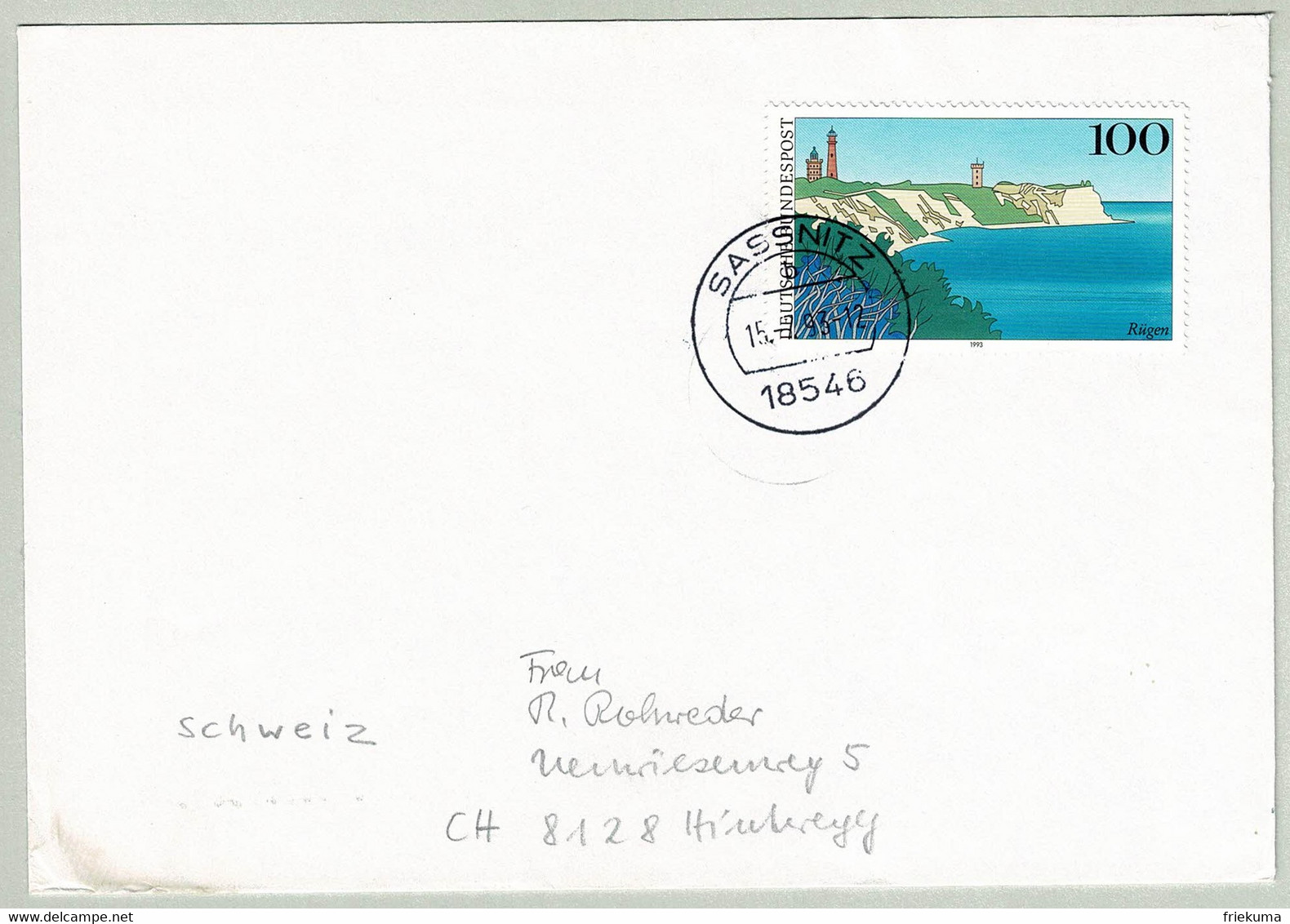 Deutschland 1993, Brief Sassnitz - Hinteregg (Schweiz), Insel Rügen, Ile / Island - Isole