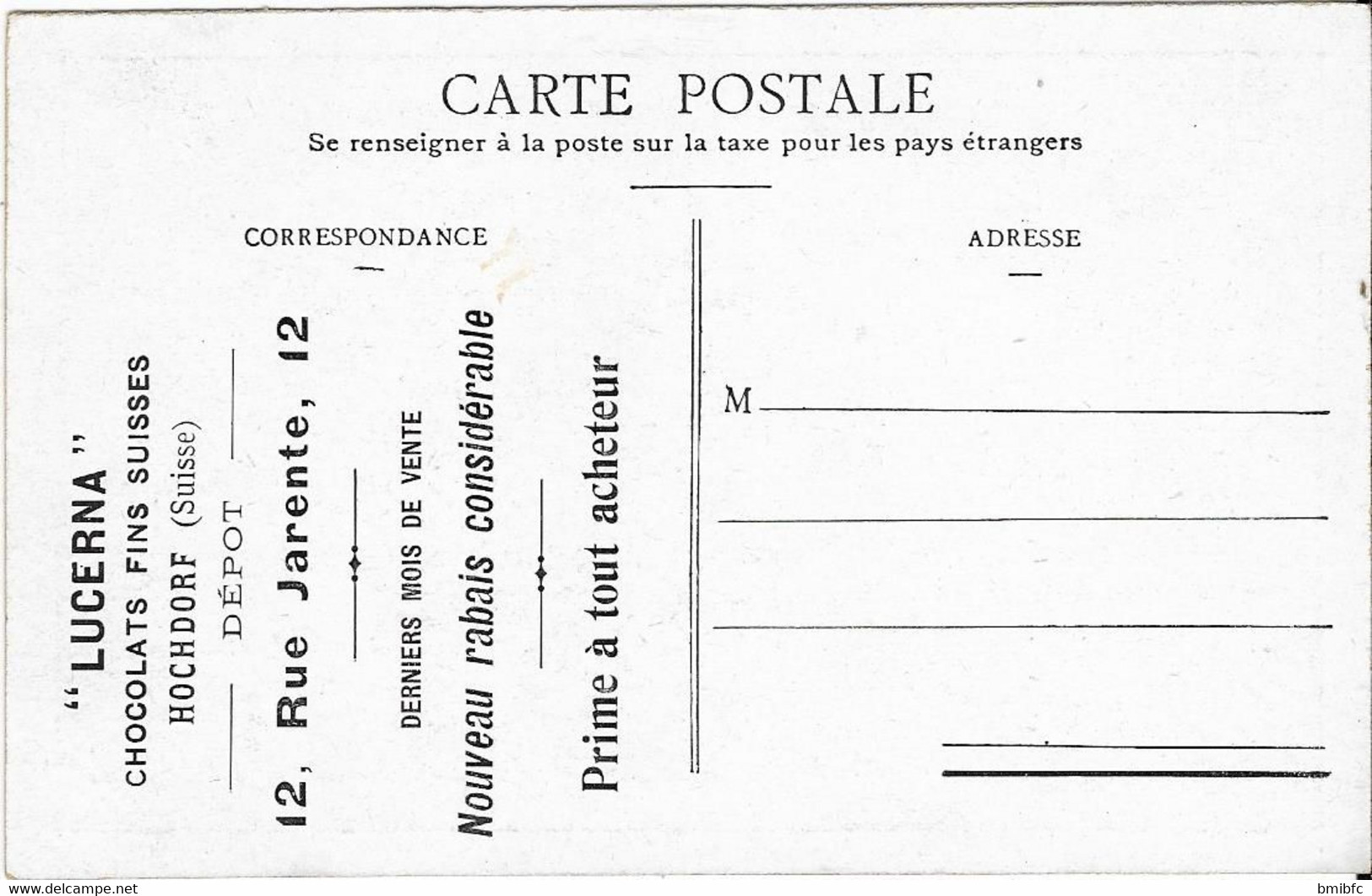 Carte Publicitaire " LUCERNA" Chocolats Fins SUISSE HOCHDORF (Suisse) Dépôt 12, Rue Jarente, 12 - Hochdorf