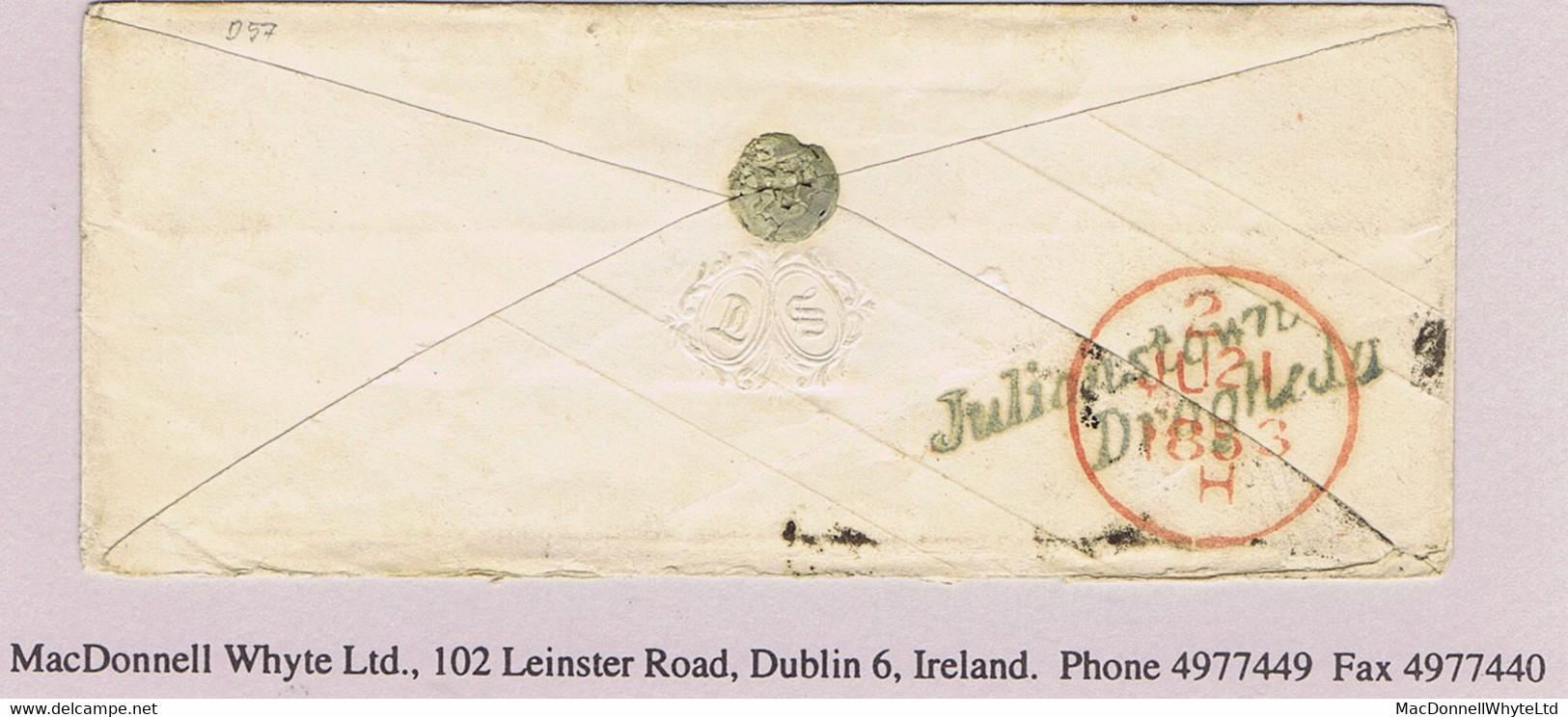 Ireland Meath Louth 1853 Italic "Julianstown/Drogheda'" Receiving House In Green On 1d Pink Env To Dublin Cancelled "179 - Prephilately