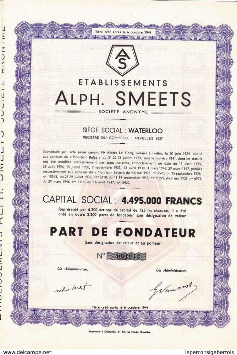 Titre De 1947 - Etablissements Alph. Smeets - Société Anonyme - - Textile