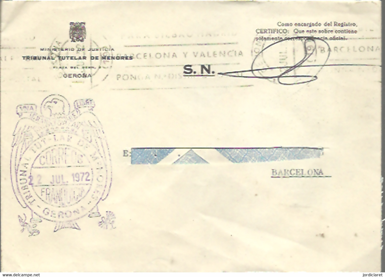 GOMIGRAFO  1972  TRIBUNAL TUTELAR DE MENORES   GIRONA - Postage Free