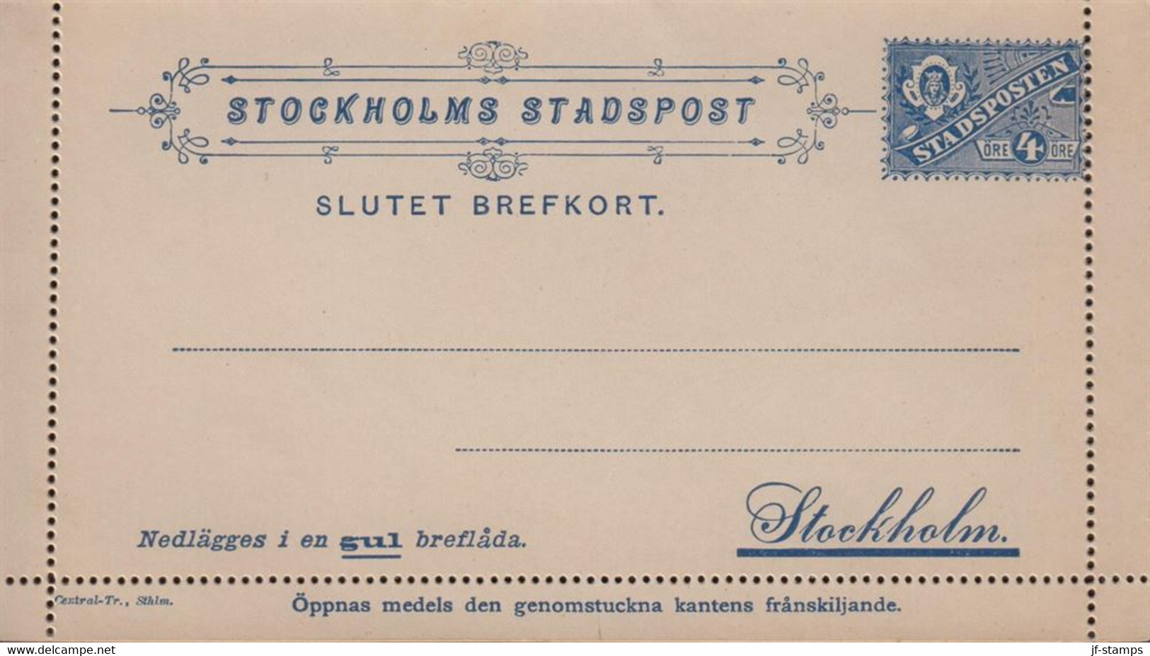 1890. SVERIGE. STOCKHOLMS STADSPOST SLUTET BREFKORT 4 ÖRE.  - JF432063 - Lokale Uitgaven