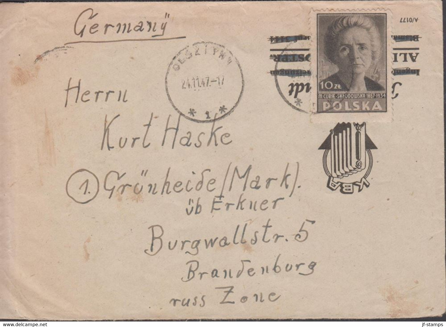 1947. POLSKA.  10 Zl Maria Curie-Skłodowska Perforated On Cover To Germany, Russ Zone Cancell... (Michel 460) - JF432077 - Gobierno De Londres (En Exhilio)