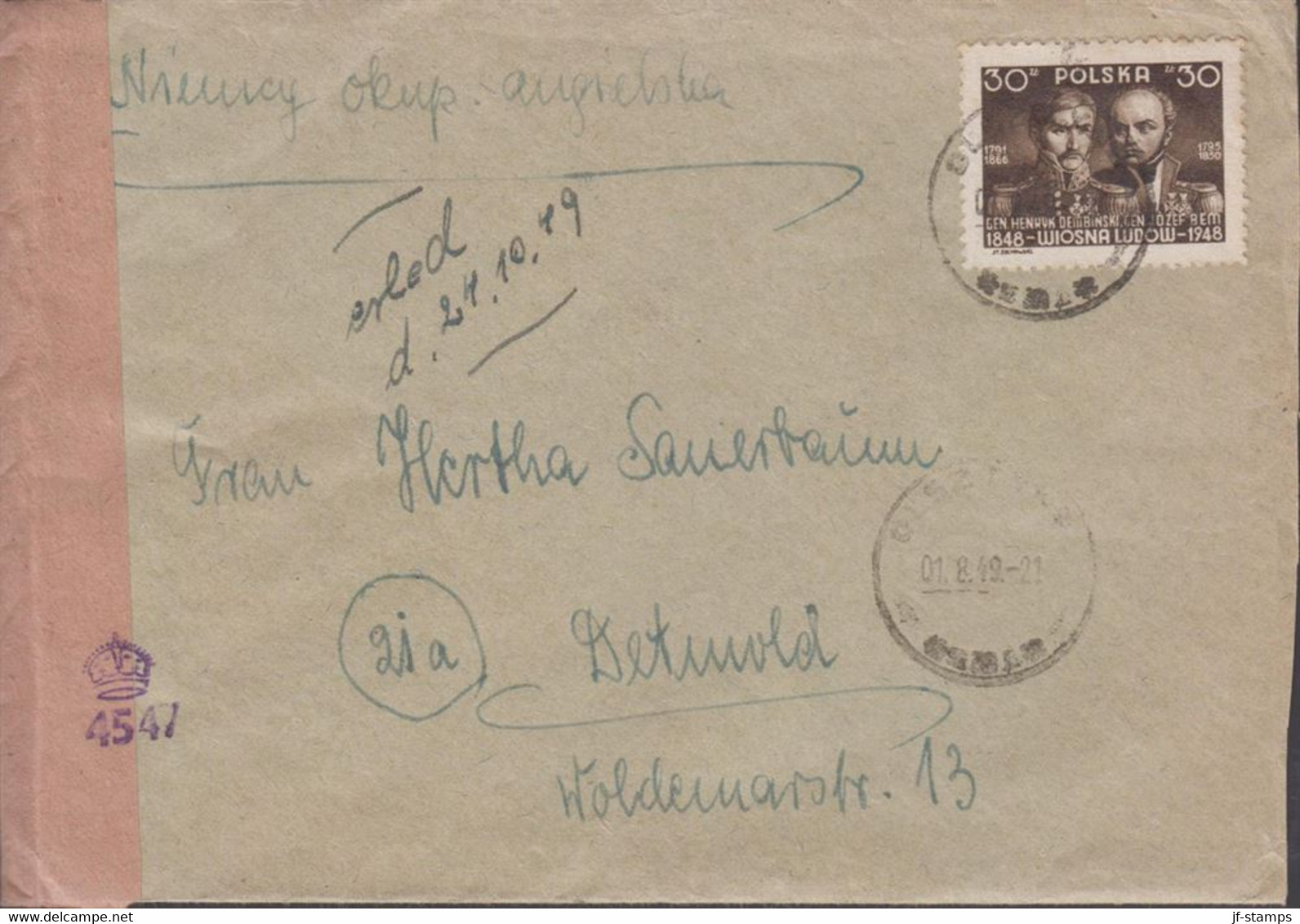 1949. POLSKA.  30 Zl Revolution On Censored Cover To Detmold, Germany Cancelled 1.8.49. Censo... (Michel 498) - JF432078 - Regering In Londen(Ballingschap)