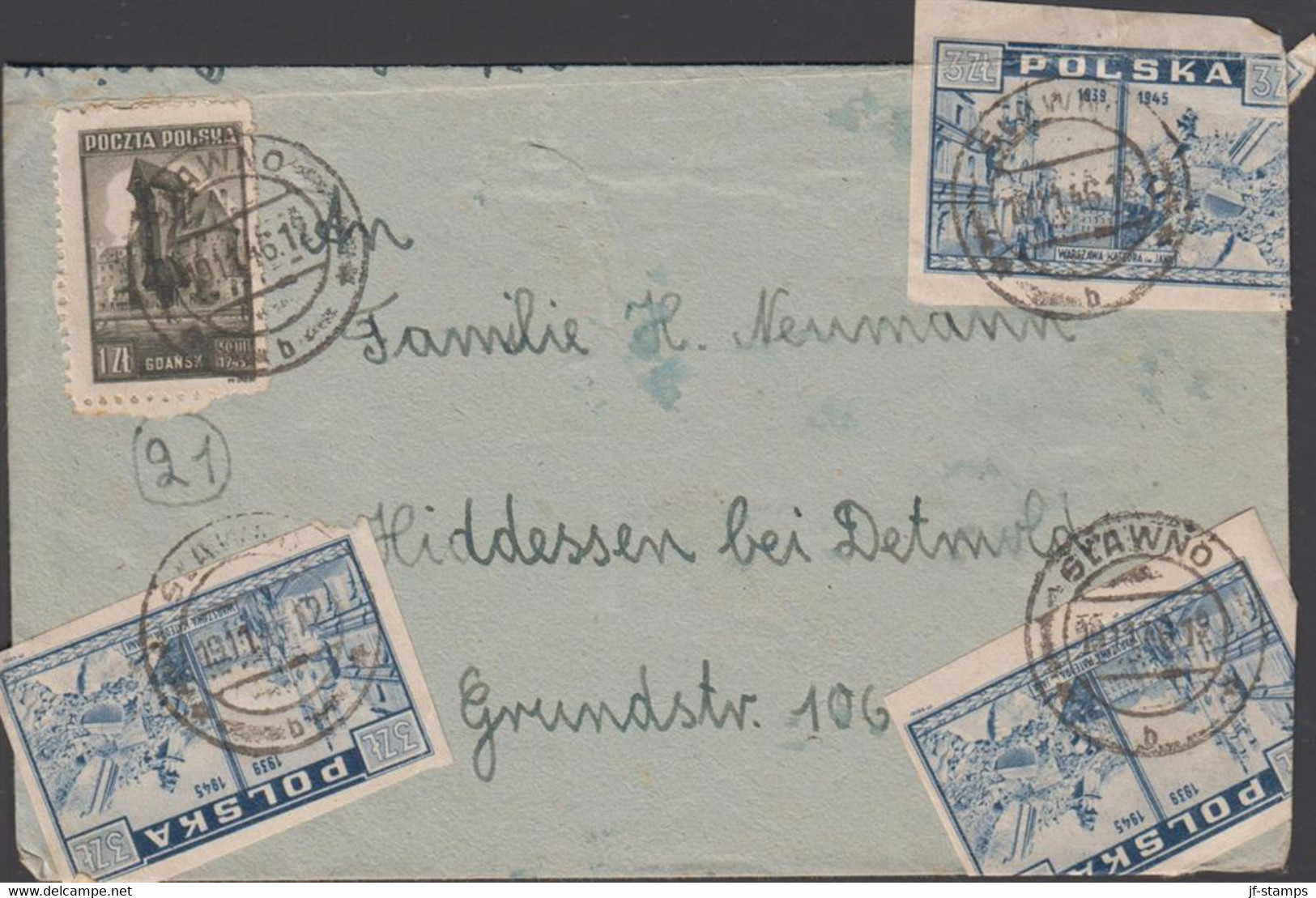 1946. POLSKA.  3 Ex 3 Zl (fold, Defects) + 1 Zl GDANSK On Cover To Hiddessen Bei Detmold, Ger... (Michel 415) - JF432079 - Gouvernement De Londres (exil)