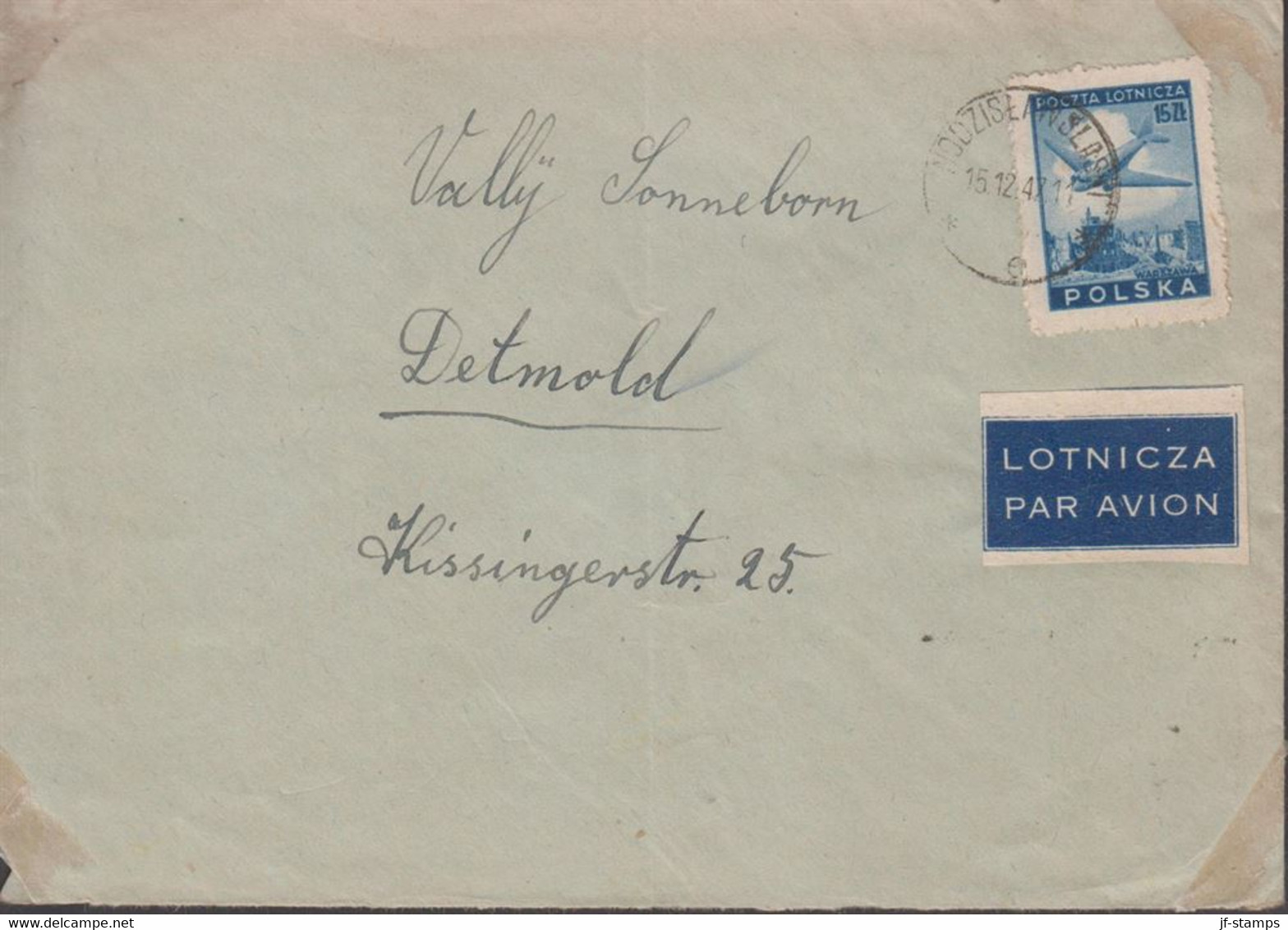 1947. POLSKA.  15 Zl Air Mail On Cover To Detmold, Germany Cancelled 15.12.47. Reverse Transi... (Michel 430) - JF432080 - Gouvernement De Londres (exil)