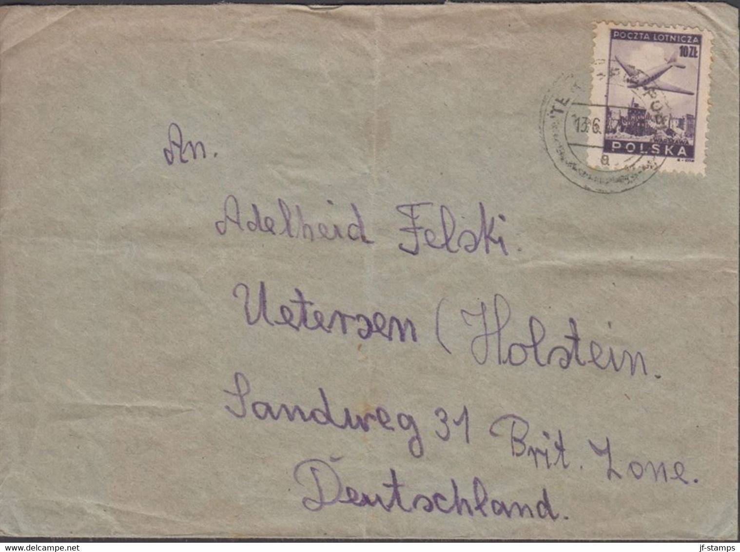 1947. POLSKA.  10 Zl Air Mail On Cover To Uetersen, Holstein Brit Zone, Deutschland.  (Michel 429) - JF432081 - Gouvernement De Londres (exil)