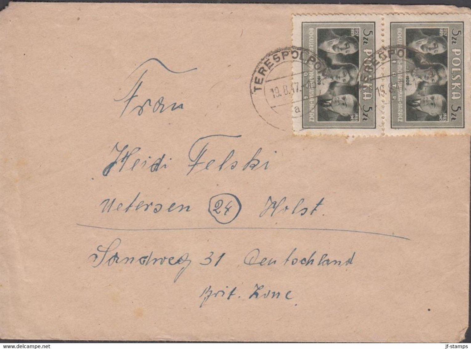1947. POLSKA.  Pair 5 Zl KULTUR On Cover To Deutschland Cancelled TERESPOLPOM 19.8.47. (Michel 458) - JF432083 - Londoner Regierung (Exil)