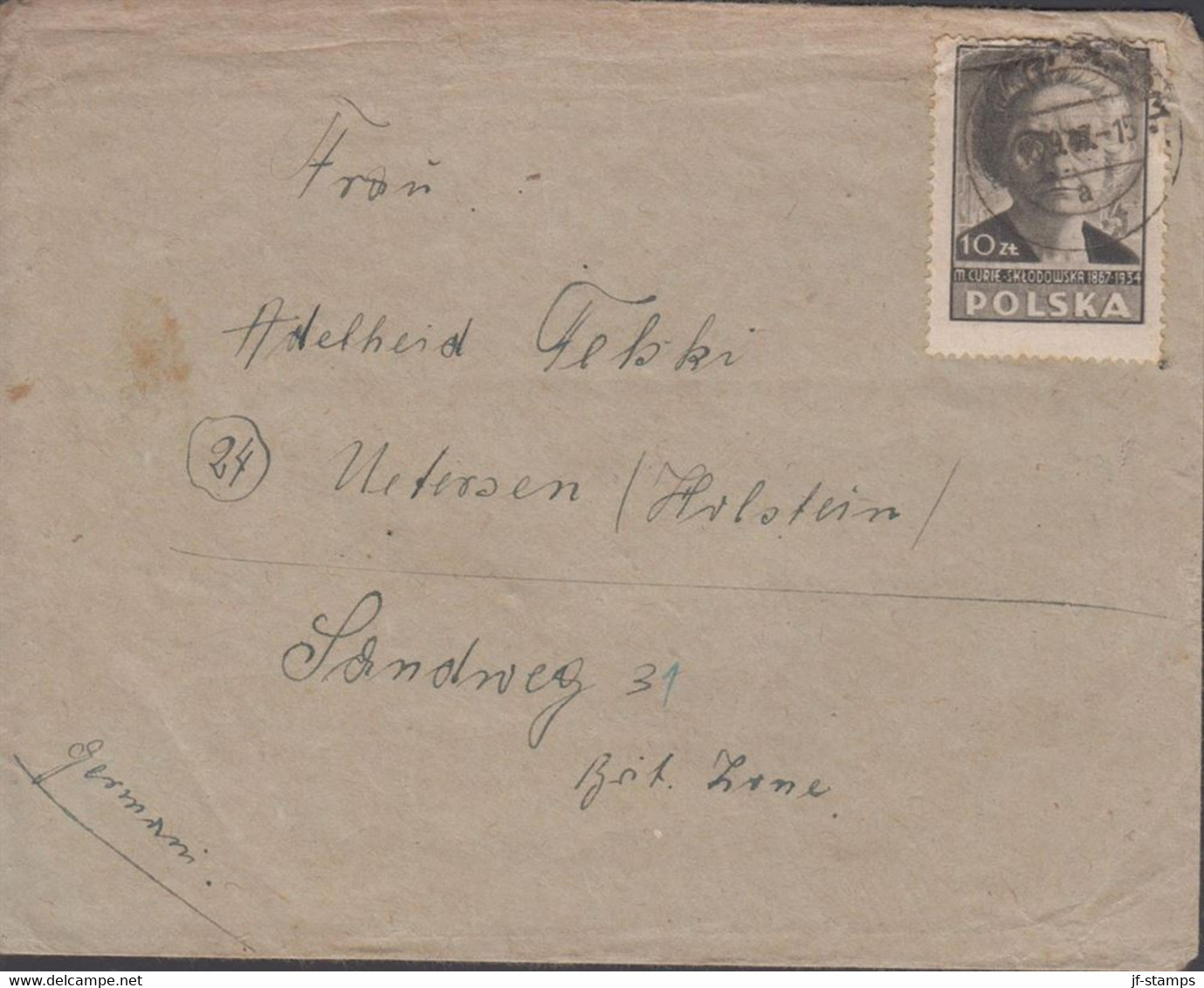 1947. POLSKA.  10 Zl Maria Curie-Skłodowska (defect) Perforated On Cover To Germany, Russ Zon... (Michel 460) - JF432084 - Gouvernement De Londres (exil)