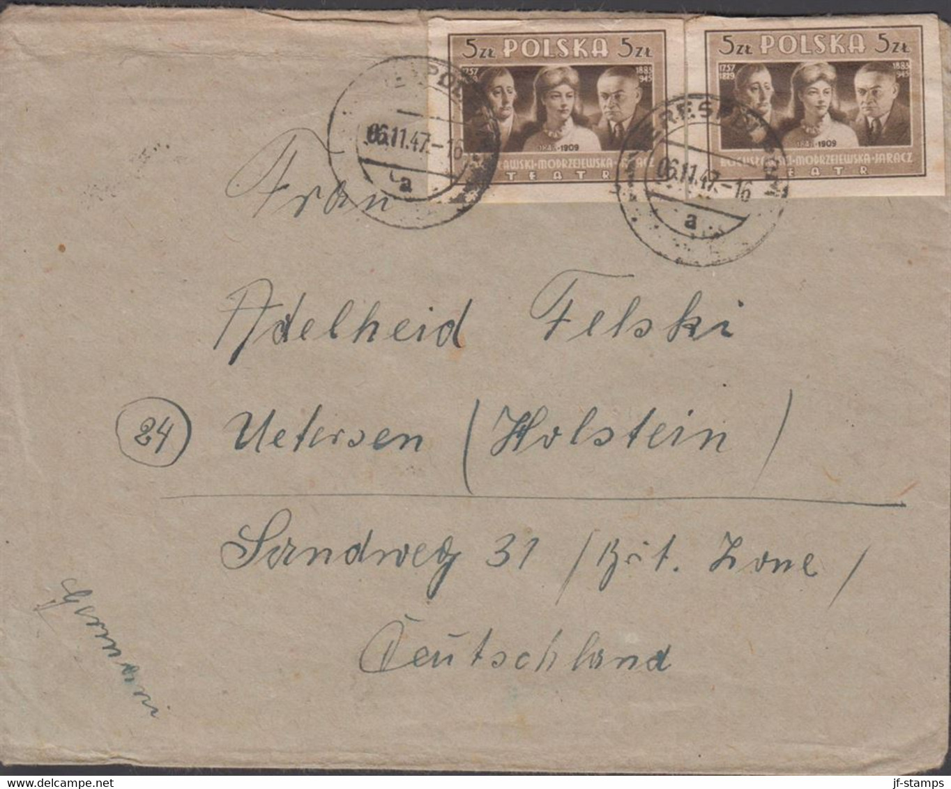 1947. POLSKA.  Pair 5 Zl KULTUR Imperforated On Cover To Deutschland Cancelled TERESPOLPOM 6.... (Michel 466) - JF432085 - Gobierno De Londres (En Exhilio)