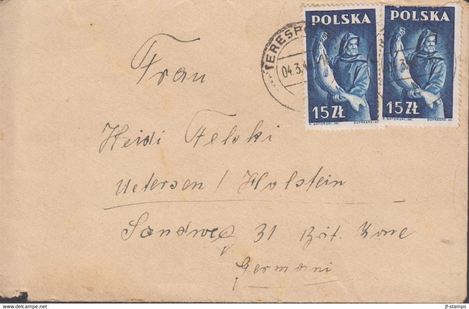 1948. POLSKA.  2 Ex 15 Zl Fischerman (one Defect) On Cover To Deutschland Cancelled TERESPOLP... (Michel 474) - JF432086 - Gobierno De Londres (En Exhilio)