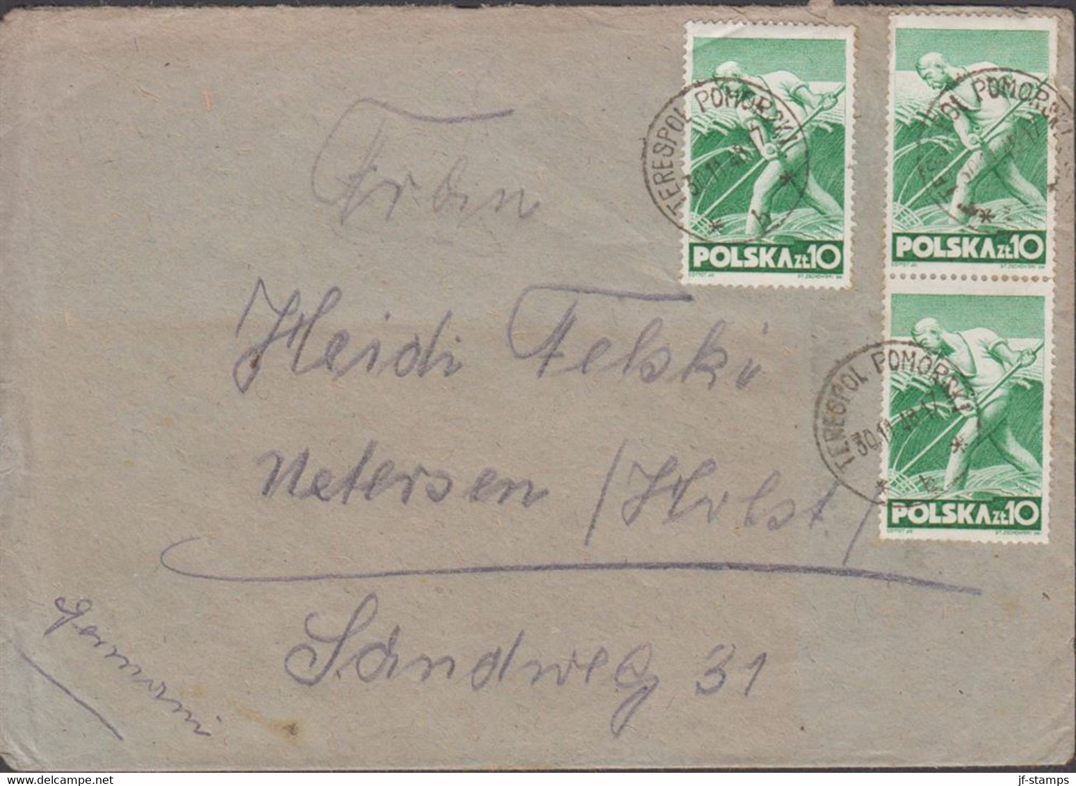 1948. POLSKA.  3 Ex 10 Zl Farmer On Cover To Deutschland Cancelled TERESPOL POM 30.11.48. (Michel 473) - JF432087 - Gobierno De Londres (En Exhilio)