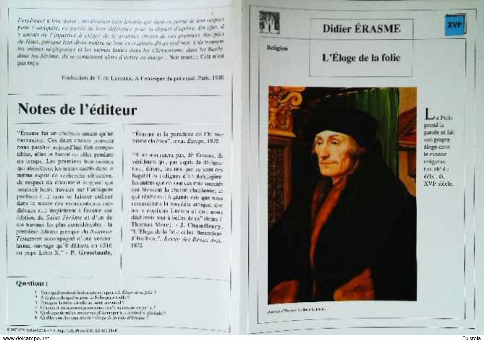 ► CPSM Fiche Litterature Didier Erasme L'éloge De La Folie  Portrait D'Erasme Holbein Le Jeune - Didactische Kaarten