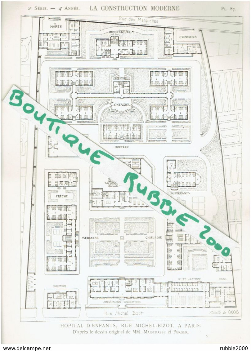 2 PLANS DESSINS 1898 PARIS 12° HOPITAL D ENFANTS TROUSSEAU RUE MICHEL BIZOT ACTUELLE AVENUE ARNOLD NETTER - Parijs