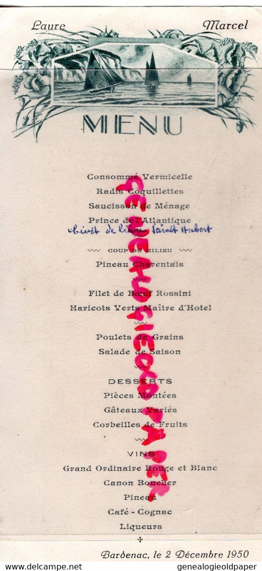 16- BARDENAC- RARE MENU 2 SEPTEMBRE 1951- SERVICE TRAITEUR RAMBAUD - IMPRIMERIE TEXIER CHALAIS - Menükarten